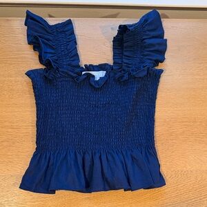 Hill House Linen Blue Ruffle Blouse